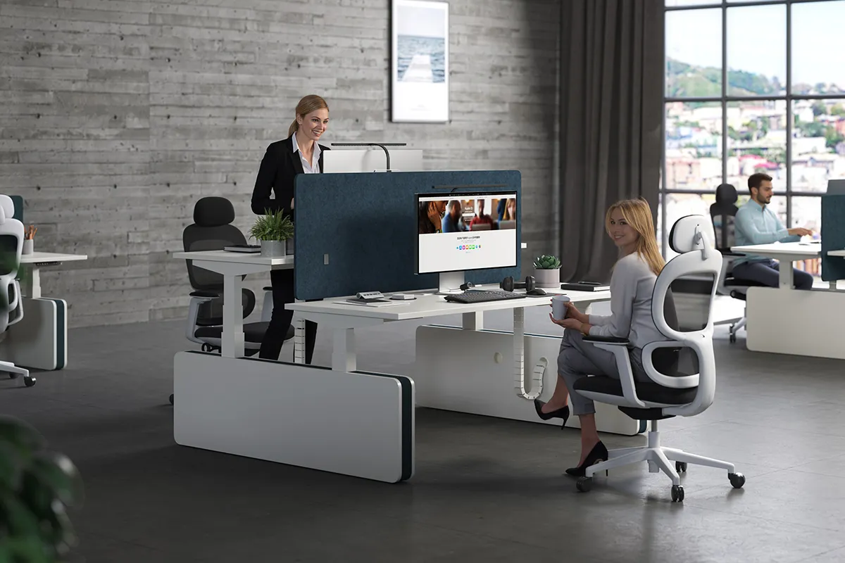 Sendi E Height Adjustable 2-Person Workstation Panel Legs Scene Image Two